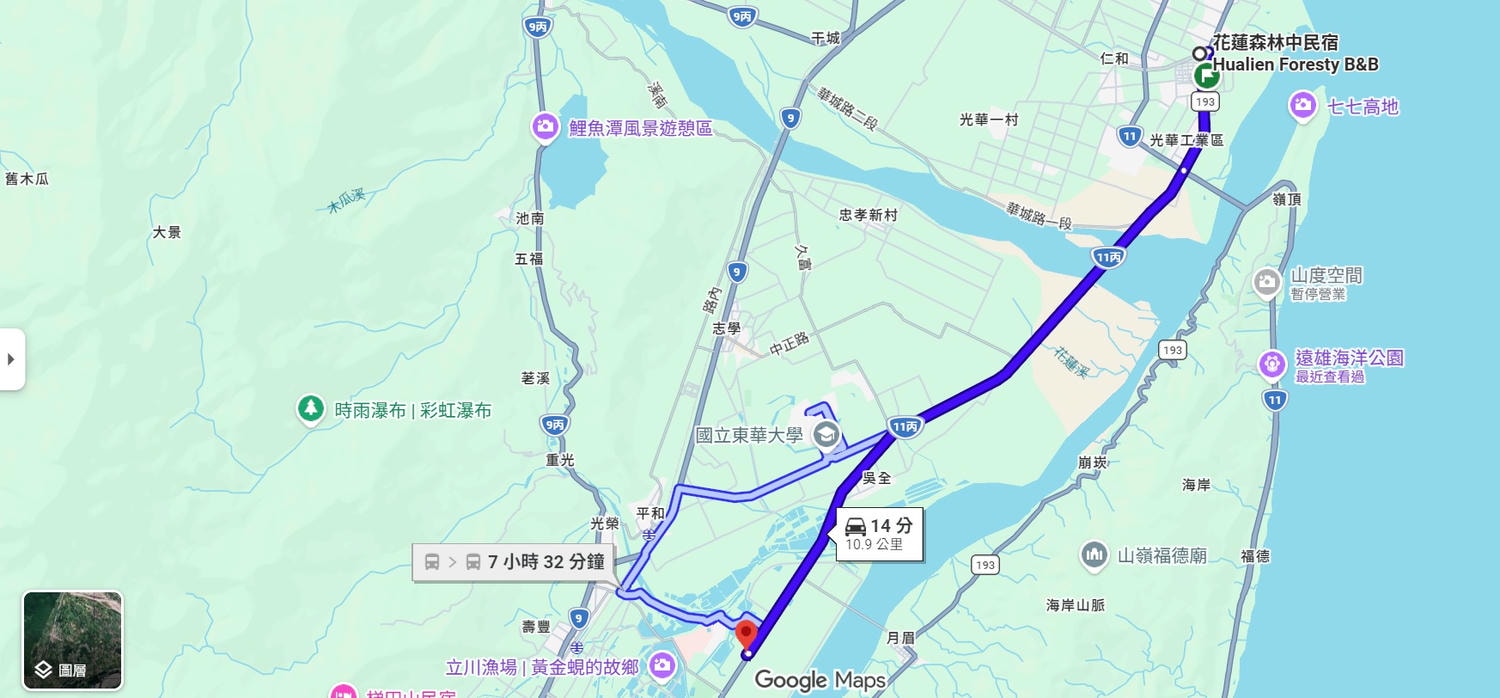 花蓮森林中民宿，被落羽松包圍的民宿，出門右轉就到貨櫃星巴克-洄瀾門市、花蓮新天堂樂園威秀影城，開車8分鐘就到玉里橋頭臭豆腐，開車10分鐘就到遠雄海洋公園
