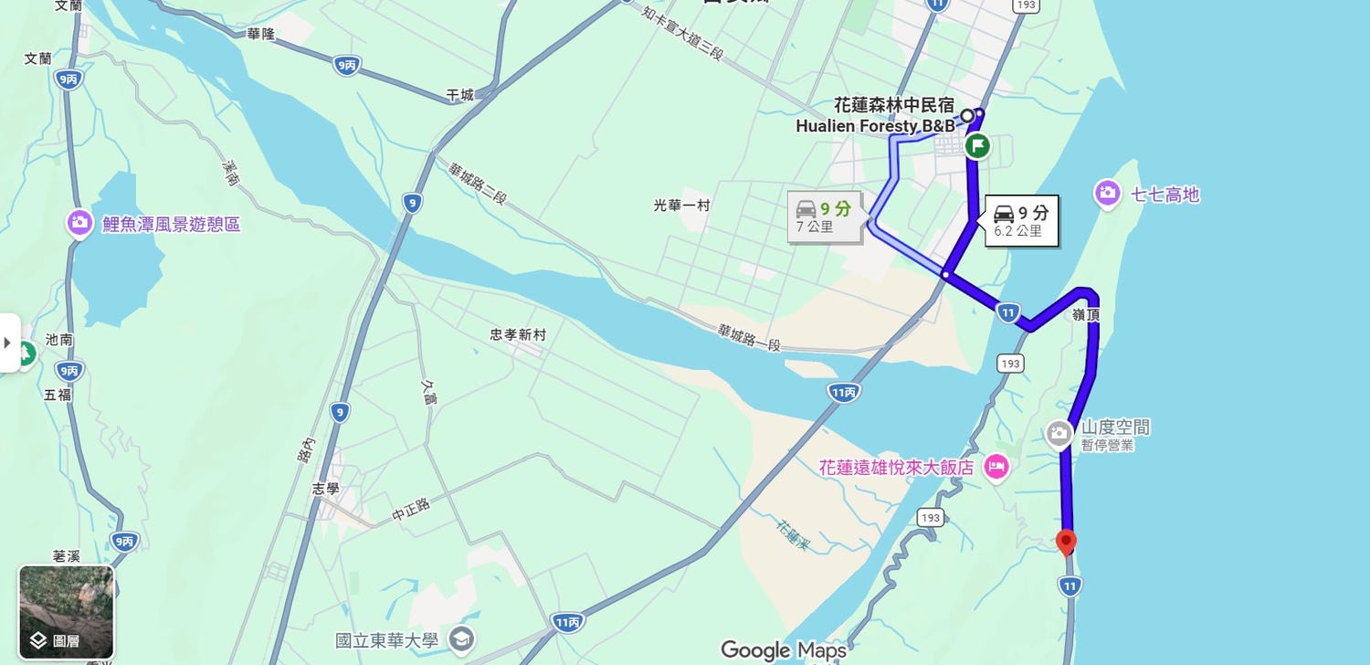花蓮森林中民宿，被落羽松包圍的民宿，出門右轉就到貨櫃星巴克-洄瀾門市、花蓮新天堂樂園威秀影城，開車8分鐘就到玉里橋頭臭豆腐，開車10分鐘就到遠雄海洋公園
