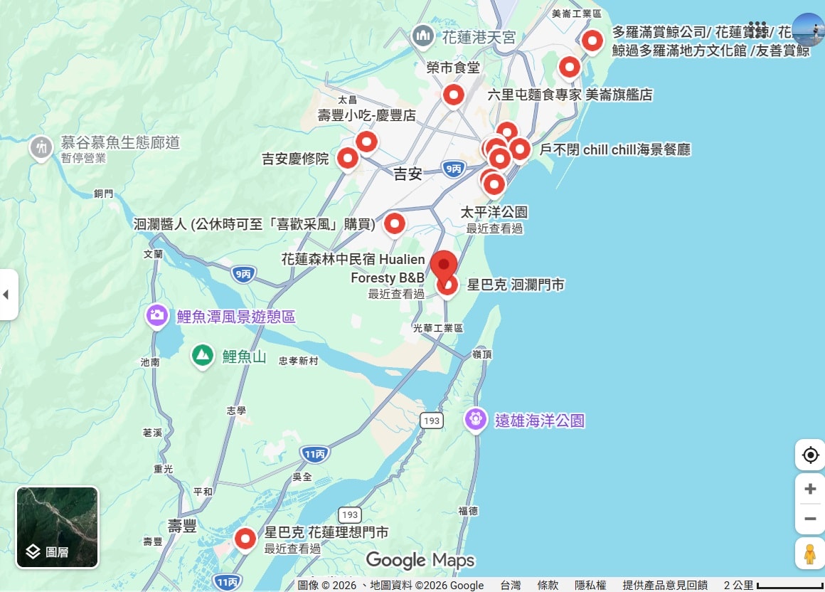 花蓮森林中民宿，被落羽松包圍的民宿，出門右轉就到貨櫃星巴克-洄瀾門市、花蓮新天堂樂園威秀影城，開車8分鐘就到玉里橋頭臭豆腐，開車10分鐘就到遠雄海洋公園
